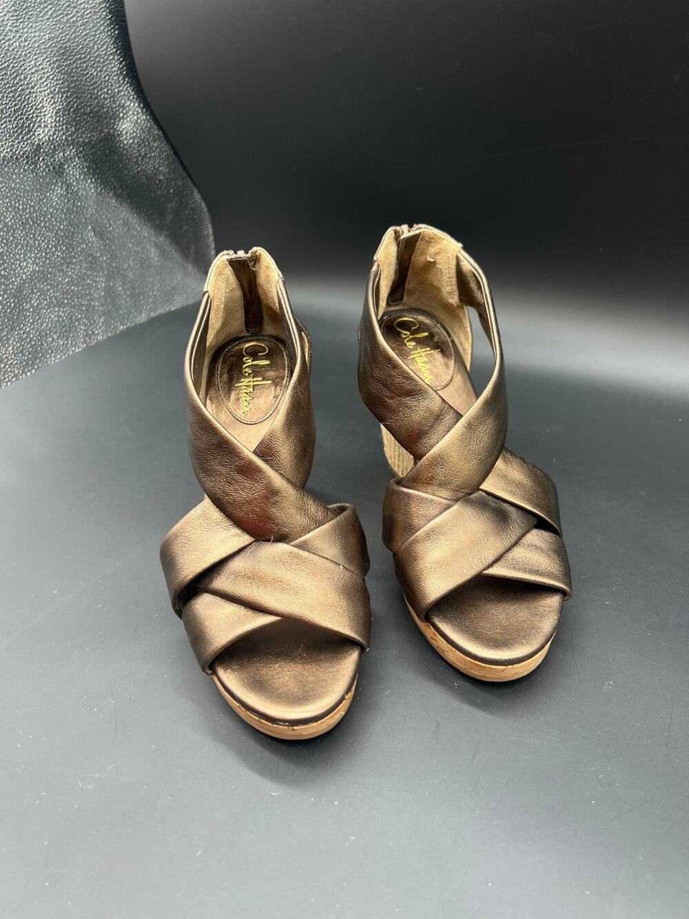 Cole Haan Air Delfina Metallic Bronze Wedge Espadrille Back Zip Sandals 6 #13
